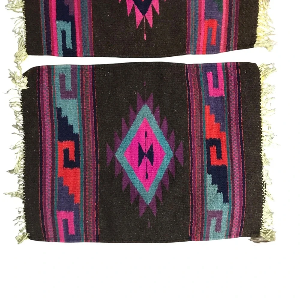 Vintage Southwestern Woven Wool Placemats Set of 2 Geometric Diamond Brown Pink
